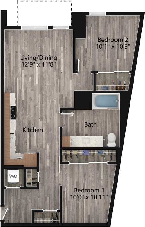 Floor plan for 2 beds, 1 bath, 946 sqft